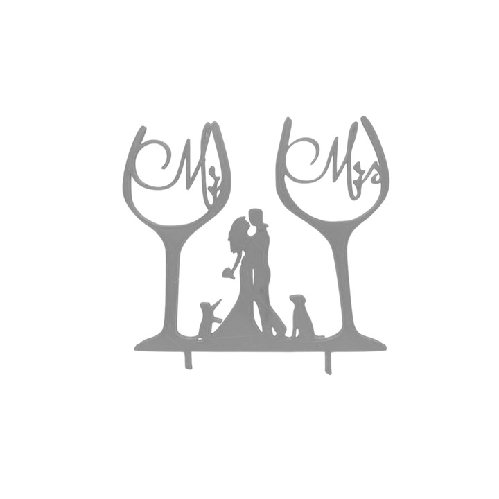 Декорация за торта, "Mr&Mrs", с булка и младоженец, куче и котка, любители на кучета и котки, 17 х 16,5 см сребро