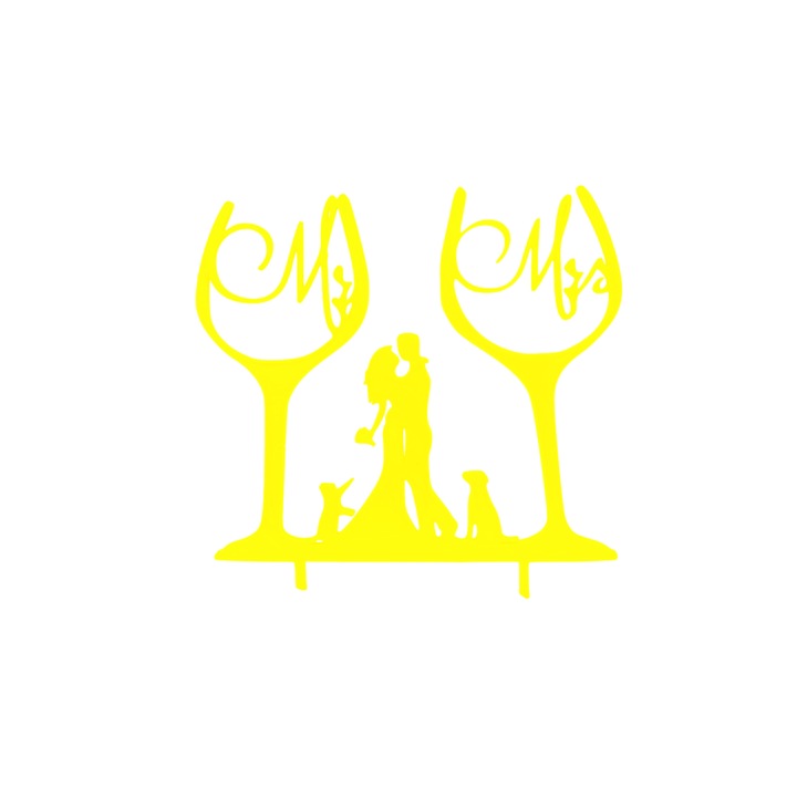 Декорация за торта, "Mr&Mrs", с булка и младоженец, куче и котка, любители на кучета и котки, 17 x 16,5 жълто