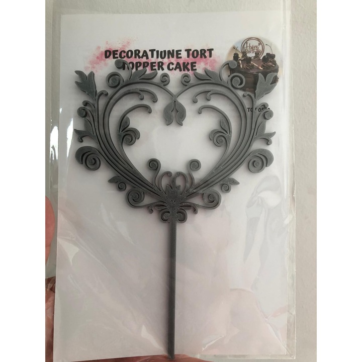 Decoratiune topper tort, "Inima", pentru tortul de nunta, aniversarea iubirii, 18 x 12 cm argintiu