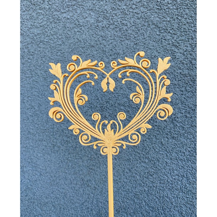 Decoratiune topper tort, "Inima", pentru tortul de nunta, aniversarea iubirii, 18 x 12 cm auriu