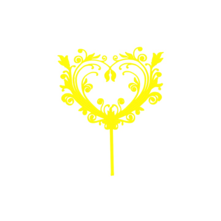 Decoratiune topper tort, "Inima", pentru tortul de nunta, aniversarea iubirii, 18 x 12 cm galben