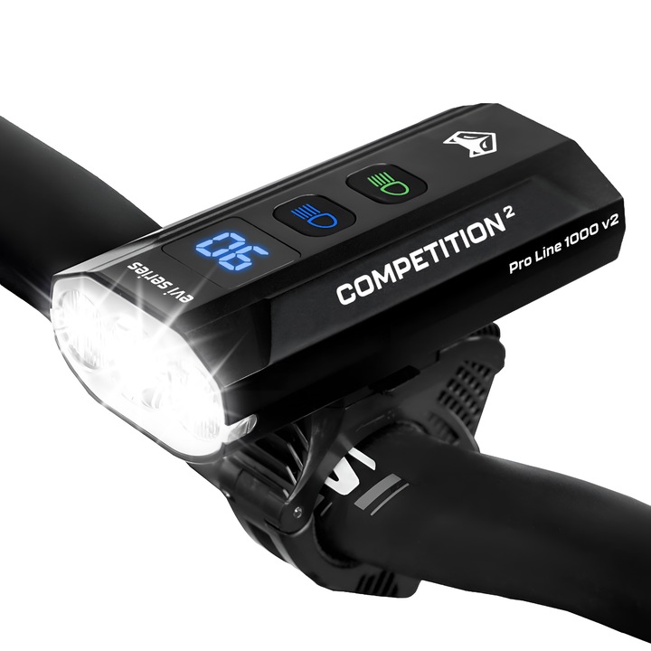 Lampa Bicicleta Fata EVI Series Competition2, 1200 Lumeni, 3x LED, Acumulator 5200 mAh cu Functie Powerbank, Incarcare USB-C, Carcasa Aluminiu, 13 Moduri Lumina