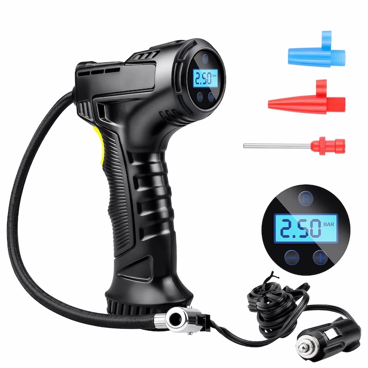 Pompa Aer Auto Home Sweet Paradise® Electrica 150 PSI 12V 120W, Pompa Aer Auto Cu Afisaj Digital LCD Si Oprire Automata, Pompa Aer Auto Cu Lanterna LED Si Alimentare La Bricheta Masinii, Debit 25L/Min Pentru Anvelope Auto Moto Bicicleta, Compresor