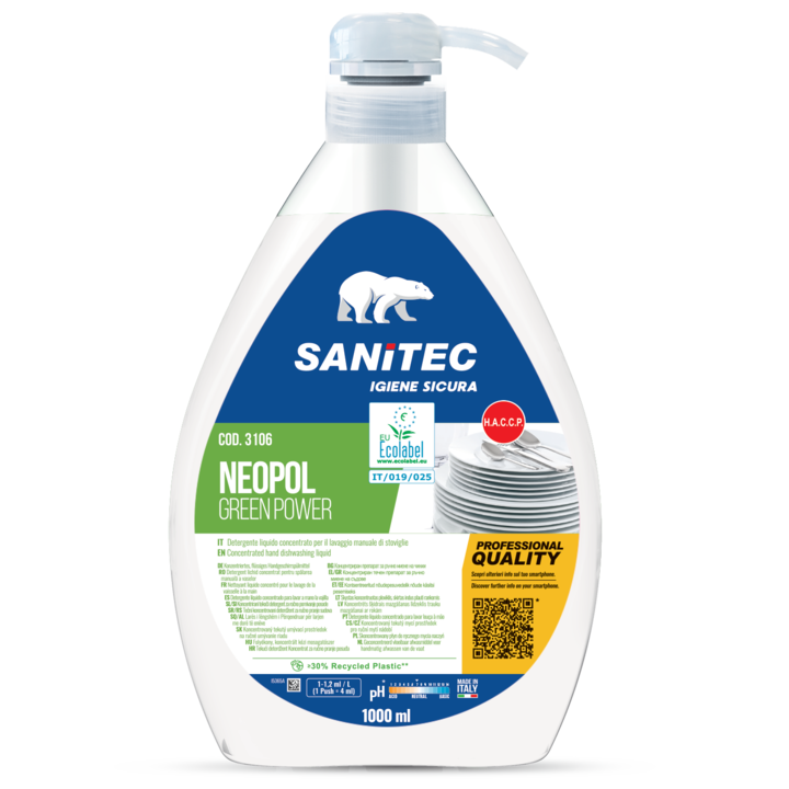 Sanitec Neopol Green Power - Mosogatógél kézi mosogatáshoz pumpás adagolóval 1000 ml