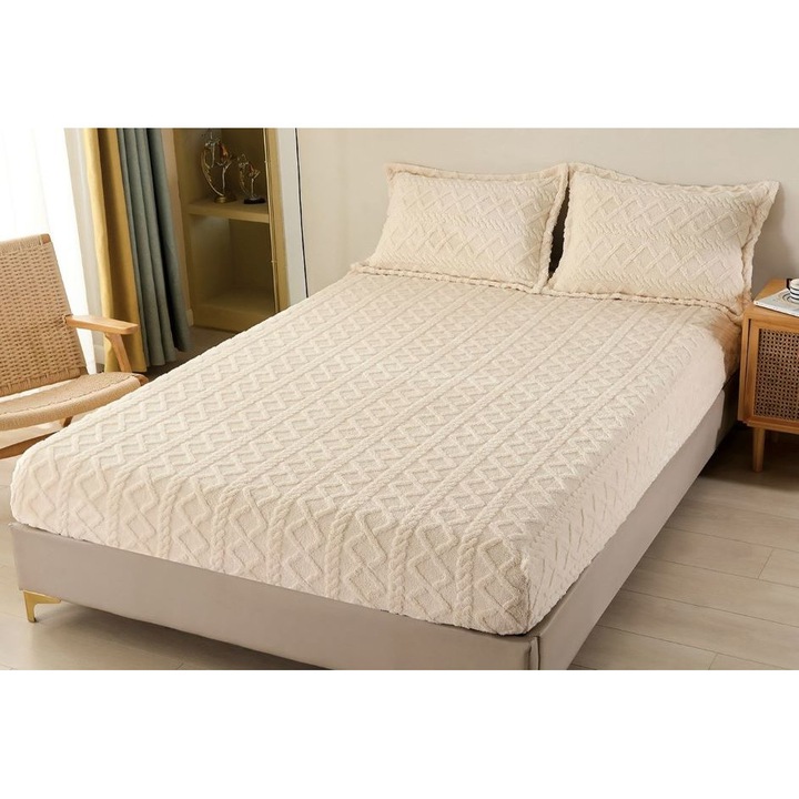 Калъфка за легло Cocolino и 2 калъфки за възглавница, тип трико, обикновена, 3 части, 2 души, 180x200 см, маслено бяла