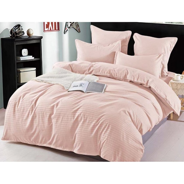 Lenjerie de pat dublu, Sonia-Home, Finet tip Damasc, Uni, 6 piese, 2 persoane, 220x240cm, Roz Pal