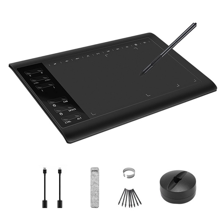 Grafikus tábla, KINSI, 12 gomb, 8192 nyomásszint, tolltartó, OTG + Android, USB Type-C, 30 tartalék hegy, 10x6 hüvelykes, fekete