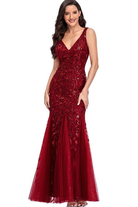Червена V деколте Секси бродирана вечерна рокля Сватбена рокля за шаферка, Червен