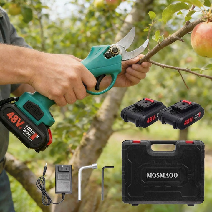 Foarfeca Electrica pentru Gradinarit, MOSMAOO®, cu 2 Acumulatori 48V, cu Lama din Otel Carbon, Baterie 9700mAh, Accesorii si Valiza Transport