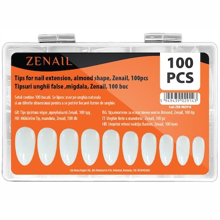 Tipsuri unghii false migdala, Zenail, 100 buc, Natur, cu lipici inclus