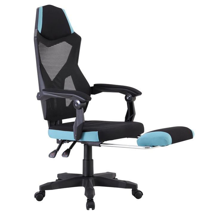 Scaun de birou, model gaming, mesh negru/neo menta, cu suport picioare, brate tapitate, reglabil, 108x65x60 cm, Bortis