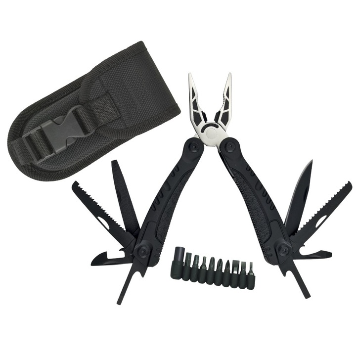 Cleste multifunctional DEPOX®, Survival Gear, otel inoxidabil, 18 functii, 24 cm, negru, husa inclusa