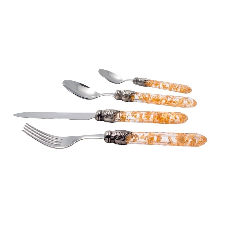 24 db-os Rivadossi Sandro evőeszköz készlet, Luna, 6 személyes, modern, elegáns design, prémium anyagok, rozsdamentes acél és akril, fogantyú arany levelekkel, vintage hardver, elegáns bemutató doboz, ideális ajándék, arany