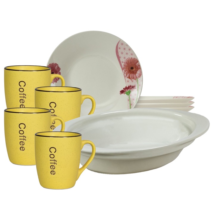 Serviciu vesela, 4 persoane, 9 piese, cana galbena, farfurie adanca, tava termorezistenta, Portelan decorat cu Margareta