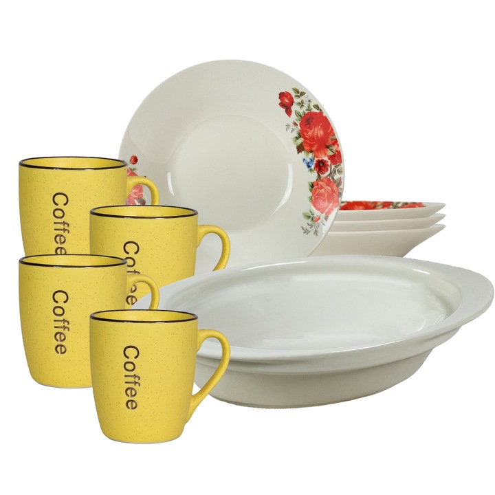 Serviciu vesela, 4 persoane, 9 piese, cana galbena, farfurie adanca, tava termorezistenta, Portelan decorat cu Trandafiri rosii