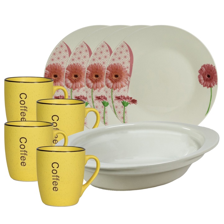 Serviciu vesela, 4 persoane, 9 piese, cana galbena, farfurie intinsa, tava termorezistenta, Portelan decorat cu Margareta