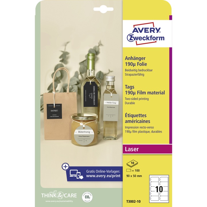 Etichete Avery Zweckform T3002-10, din film 190 microni, dimensiuni 90 x 50 mm, colturi taiate, 10 etichete/A4, 10 coli/top, 100 etichete/top