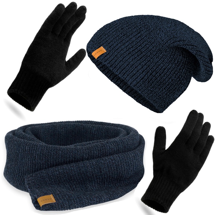 Set caciula, esarfa si manusi, Nandy, Pentru Barbati, Bleumarin