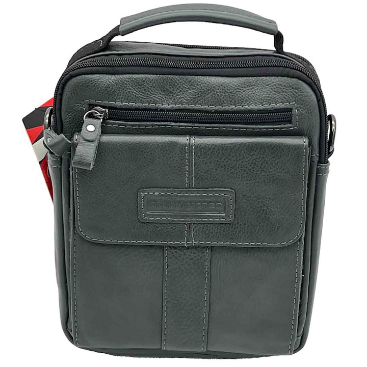 Borseta Barbati Gri Inchis, Piele Naturala, 23 x 20 x 7.5 cm