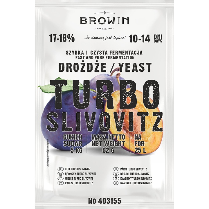 Desztillációs élesztő, TURBO Slivovitz, Browin, 62 g, Multicolor