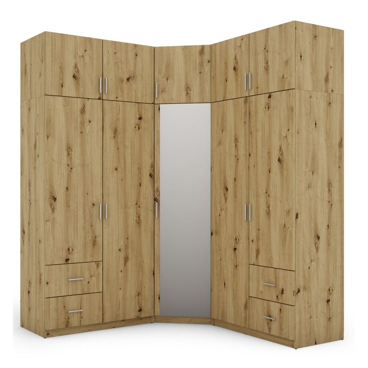 Dulap, Meblast, Premium lucrate manual, 189/189 cm x 240 cm x 55 cm, Sifonier, PAL 18 mm, HDF de 3 mm, PVC 0.8 mm, Numar de usi 10, Numar de sertare 4, Cu oglinda - 1 buc, Stejar Artisan