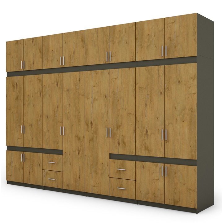 Dulap, Meblast, Premium lucrate manual, 340 cm x 240 cm x 59 cm, Sifonier, PAL 18 mm, HDF de 3 mm, PVC 0.8 mm, Numar de usi 20, Numar de sertare 4, Gri grafit/Stejar Lancelot