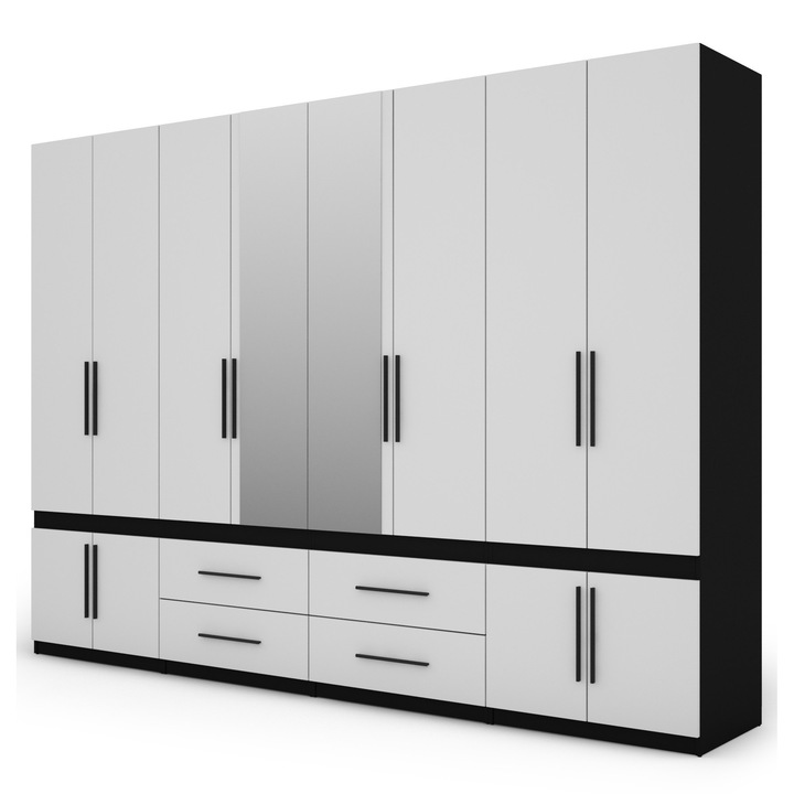 Dulap, Meblast, Premium lucrate manual, 320 cm x 230 cm x 57 cm, Sifonier, PAL 18 mm, HDF de 3 mm, PVC 0.8 mm, Numar de usi 12, Numar de sertare 4, Cu oglinda - 2 buc, Negru/Alb