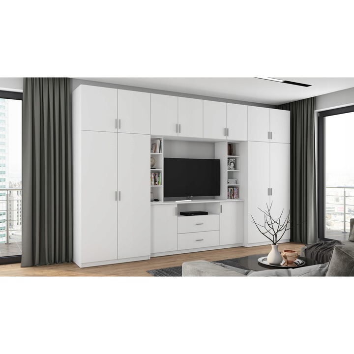 Set Mobilier pentru living, Meblast, Dako, 380 cm x 240 cm x 55 cm, PAL 18 mm, HDF de 3 mm, PVC 0.8 mm, Alb