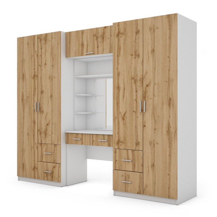 Dulap, Meblast, Premium lucrate manual, 255 cm x 210 cm x 57 cm, Sifonier, PAL 18 mm, HDF de 3 mm, PVC 0.8 mm, Fronturi mate, Numar de usi 7, Numar de sertare 6, Alb/Wotan Stejar