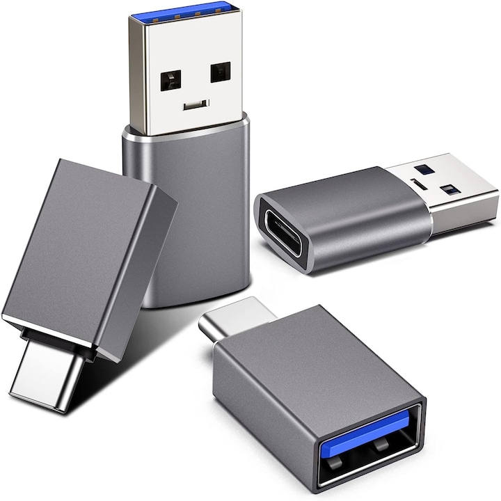 Set 4 adaptoare USB C/USB, Aluminiu, Pentru MacBook/Huawei/Nexus, Gri