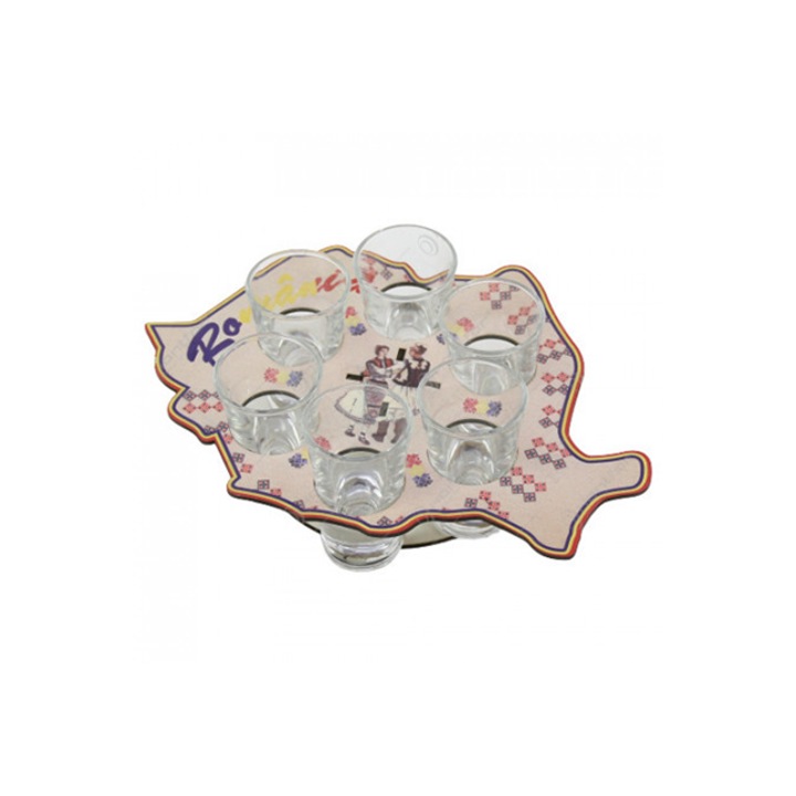 Set forma harta Romaniei, multicolor, cu 6 pahare, 23 cm lungime, Dasc