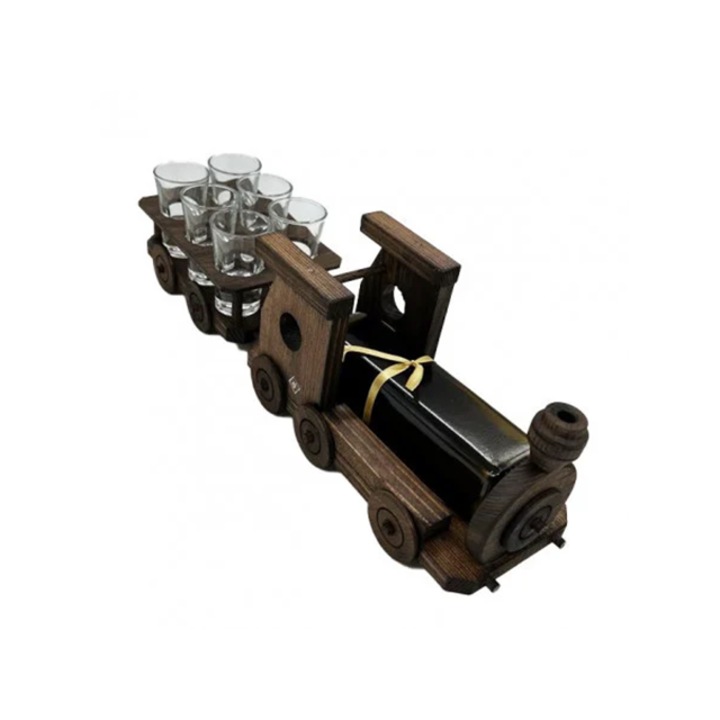 Set forma locomotiva, 40 cm lungime, cu sticla si 6 pahare, Dasc