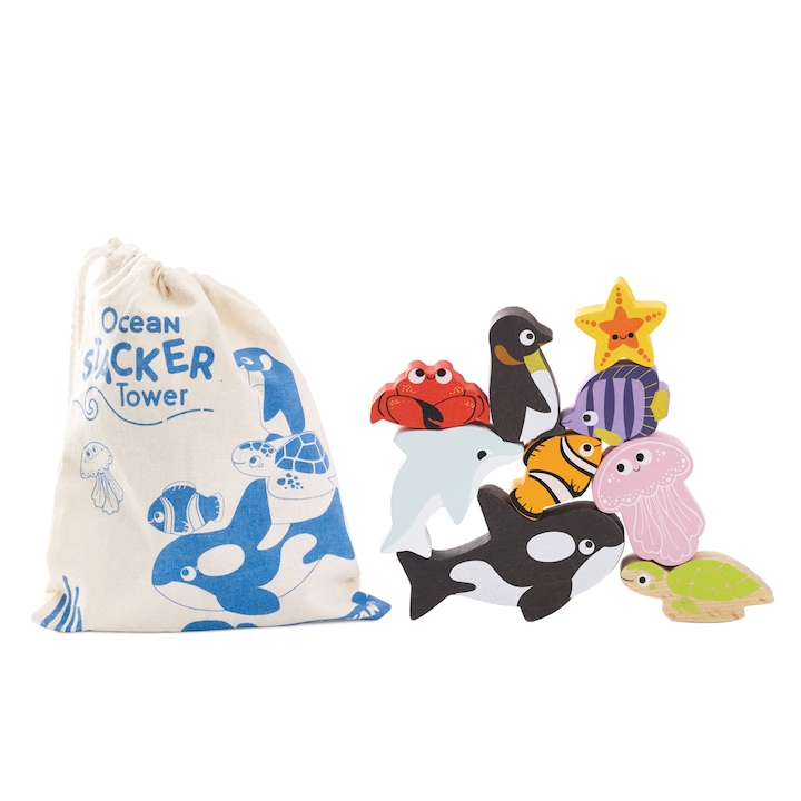 Комплект 9 дървени играчки Le Toy Van - Океански животни, подреждащи се една върху друга