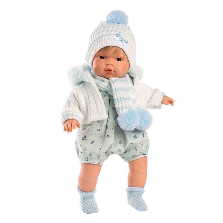 Интерактивна кукла Llorens Crying Babies - Саша, Син гащеризон, Със звуци, 38 см