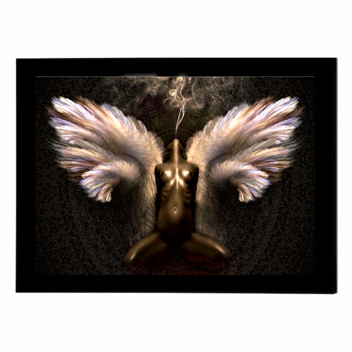 Картина на платно с рамка, жена ангел, 30 x 20 см, Grelys Print, дървена рамка, защита на изображението, многоцветен