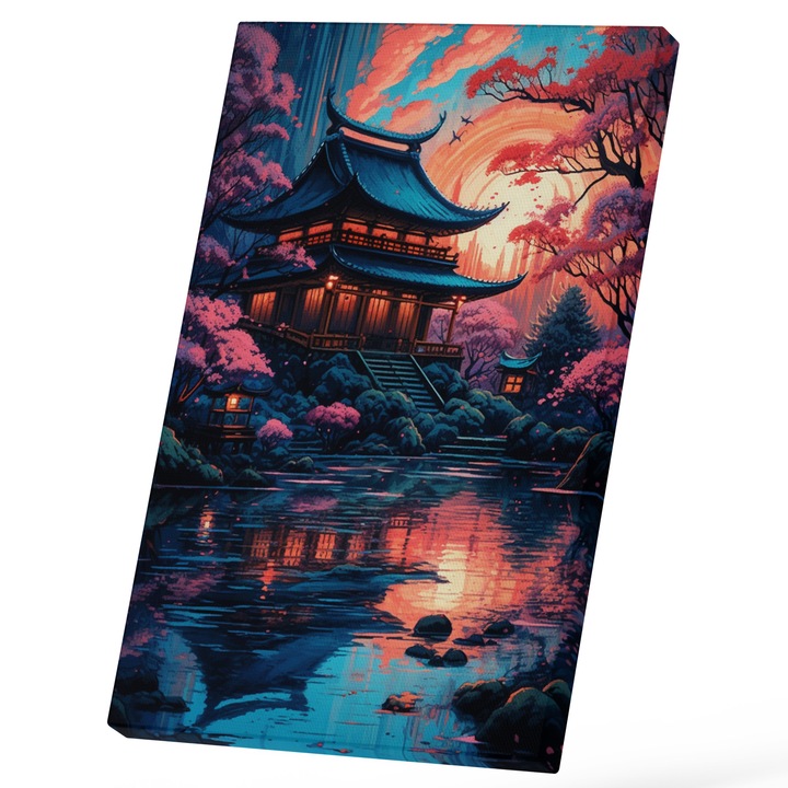 Tablou Canvas Cu Pictura Priveliste Asiatica Cer Roz, Lac, Casa Influenta Japonia, Soare Stralucitor 25x40 cm, Multicolor