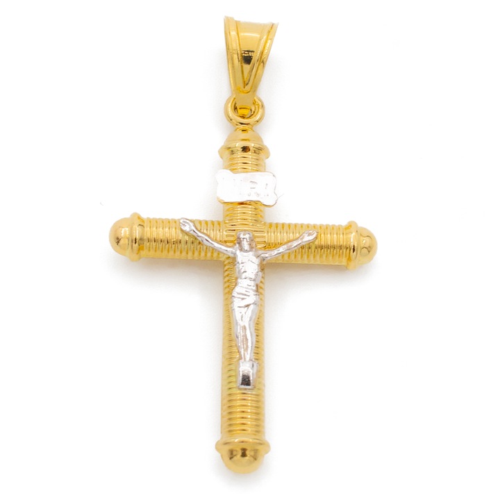 Pandantiv Cruce Aur Alb si Galben de 14k