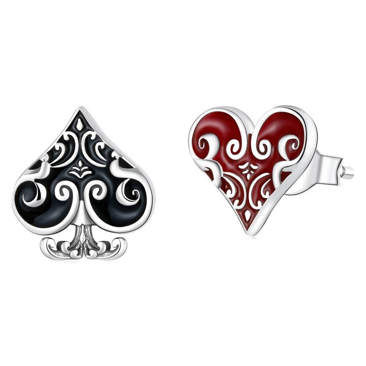 Cercei din Argint cu Email, Placati cu Rodiu, Vintage Black and Red Heart