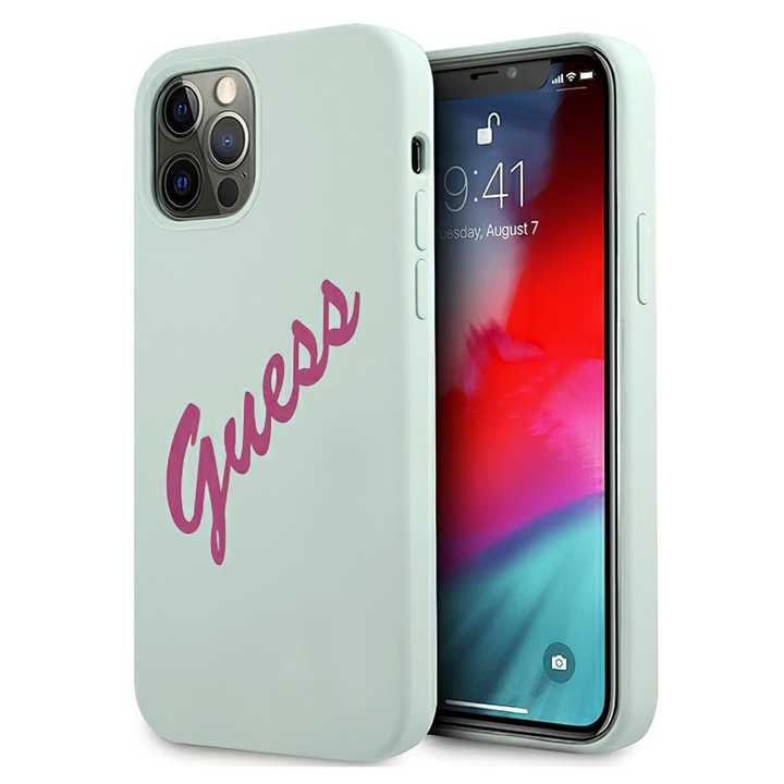 Husa pentru Apple iPhone 12 Pro Max, Guess, Vintage Fuchsia Script, Albastra GUHCP12LLSVSBF