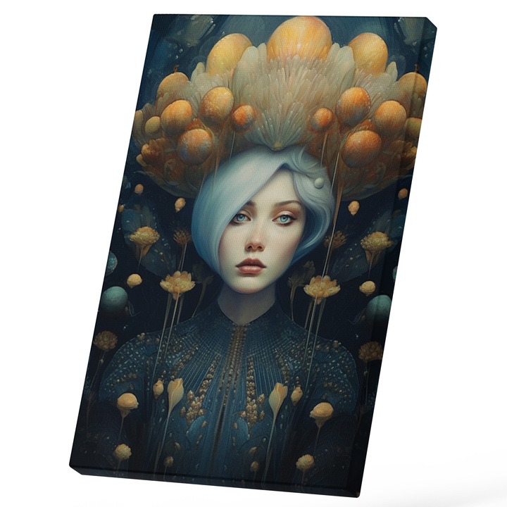 Tablou Canvas Cu Portret Femeie Palarie Bizara Din Perle Galbene, Femeie Ochii albastri Tinuta Pe gat, Par Alb, Iubitorii De Fashion 25x40 cm, Multicolor