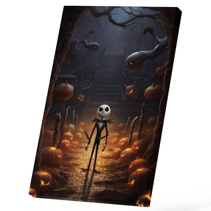 Картина на платно, Хелоуин, Скелети в костюми на алея през нощта, Джак Скелингтън, Светещи тикви, Силни любители на филми на ужасите, 25x40 см, Многоцветна