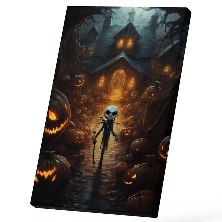 Картина на платно с Хелоуин Джак Скелингтън Скелети в костюм на алеята в задния двор Украсена къща, светещи тикви, Силни любители на филми на ужасите, 25x40 см, Многоцветен