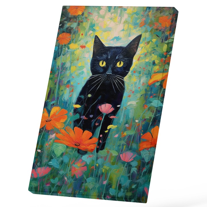 Tablou Canvas Pictura Cu Pisica Neagra IN lan De Flori Colorate, Ochii Verzi, Pui, Animal Blanos, Pisici Si Motani25x40 cm, Multicolor