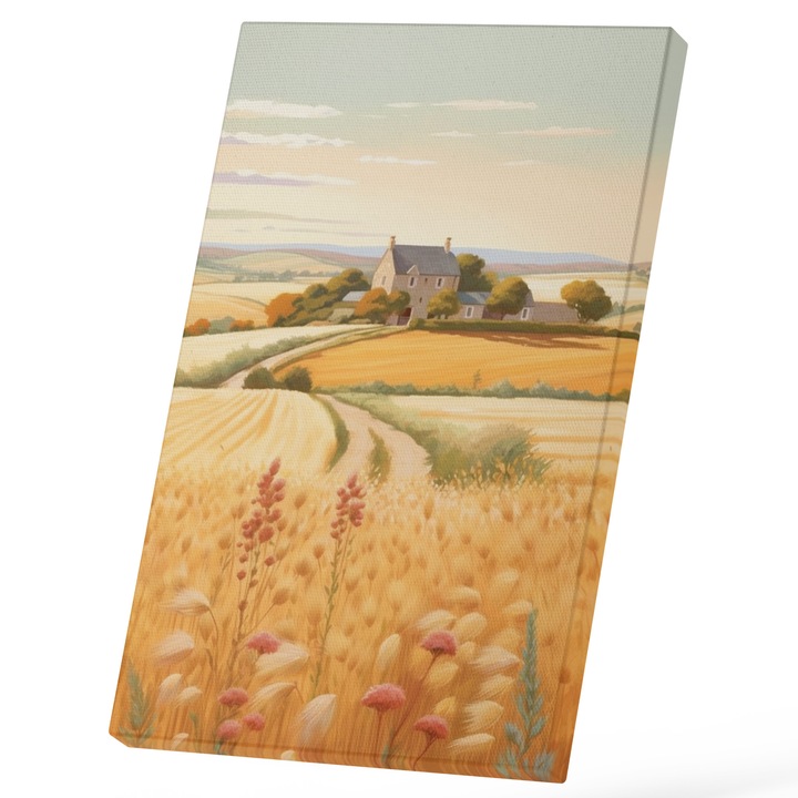 Tablou Canvas Cu Priveliste Rurala, Lan De Grau, Casa Mare La Tara, Liniste, Iubitorii De Natura, 25x40 cm, Multicolor