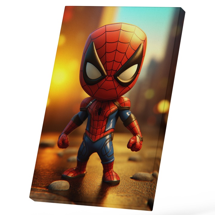 Tablou Canvas Cu Figurina Spider-Man Pe Strada, Rasarit De Soare, Filme cu Super Eroi, New York, Disney, Marvel, Desene Animate, 25x40 cm, Multicolor