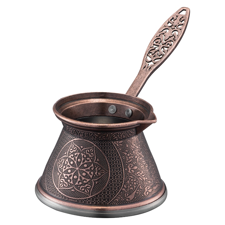 Ibric cafea turceasca in stil oriental, AYTEK Lotus No 6, Zamac si Inox, Cupru antichizat, 420 ml