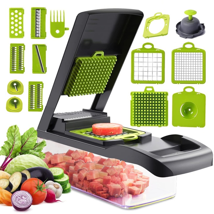 Razatoare Multifunctionala 15in1 Zenino - 16 Piese, Multiple Tipuri de Feliere, Fructe, Legume, Branzeturi, Otel Inoxidabil, Verde/Gri