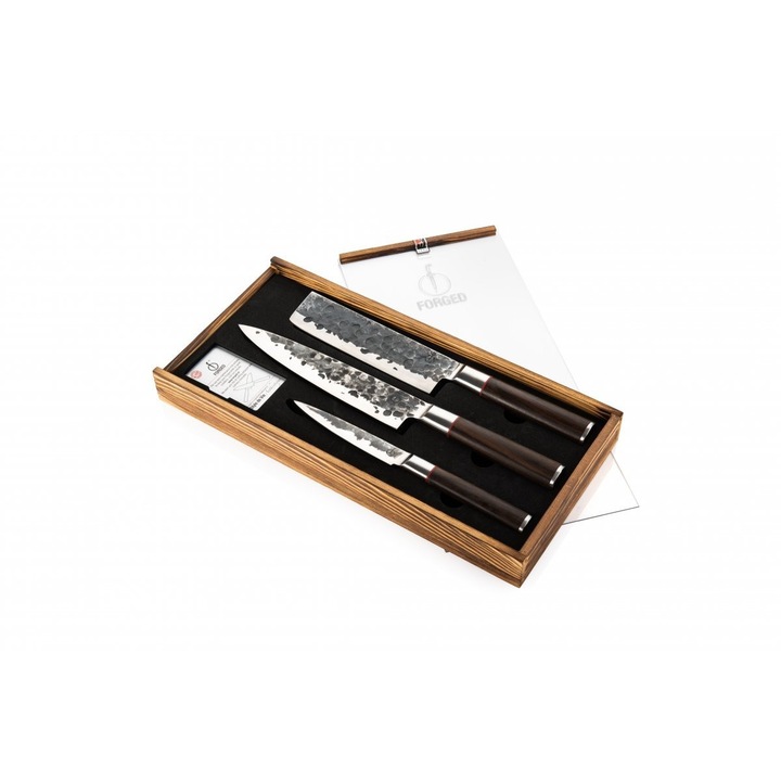 Set 3 cutite, Forged, Otel/Lemn, Argintiu