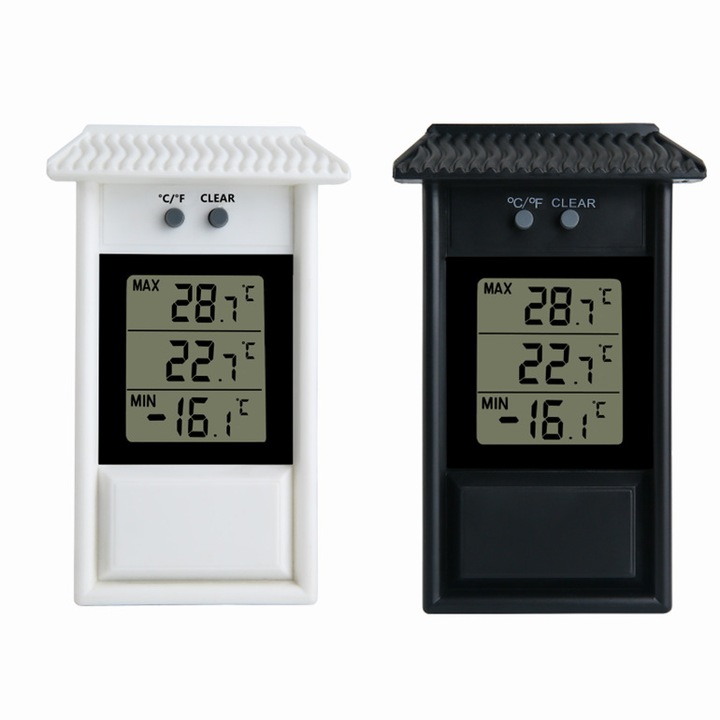 Set 2 termometre digitale, Plastic/Metal, Afisaj LCD, De interior, Alb/Negru