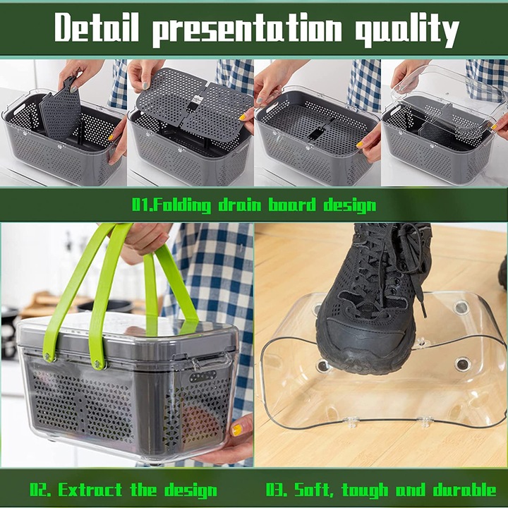 Razatoare Multifunctionala 2 in 1 Dalys® pentru legume si fructe, 22 de piese, cu functie de caserola, lame din otel inoxidabil si maner protectie, gri/verde
